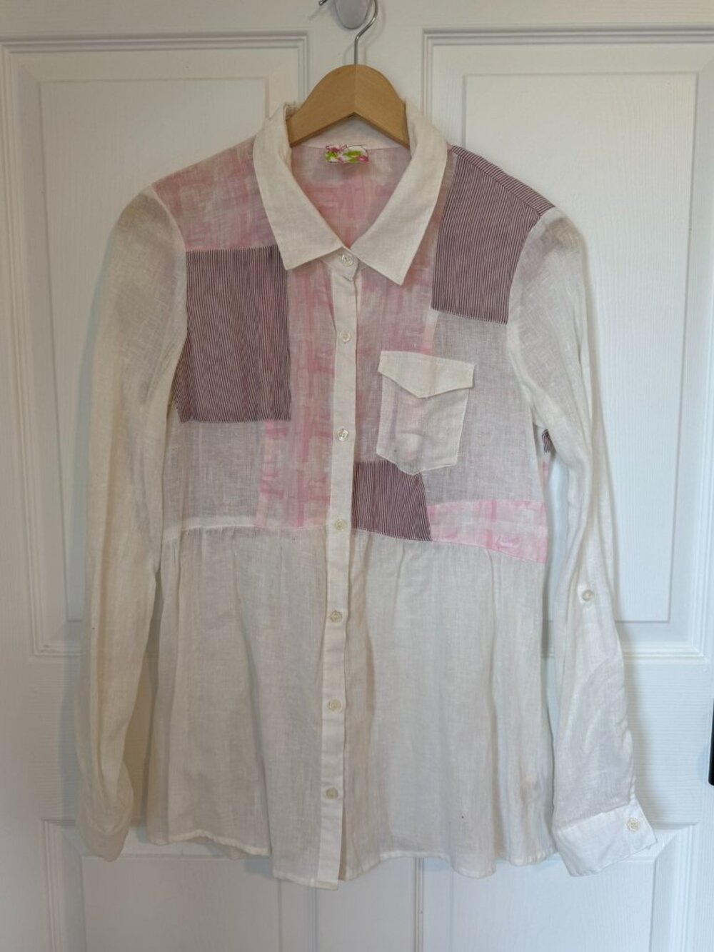 Free People Linen Patchwork Button Front Shirt Size Medium